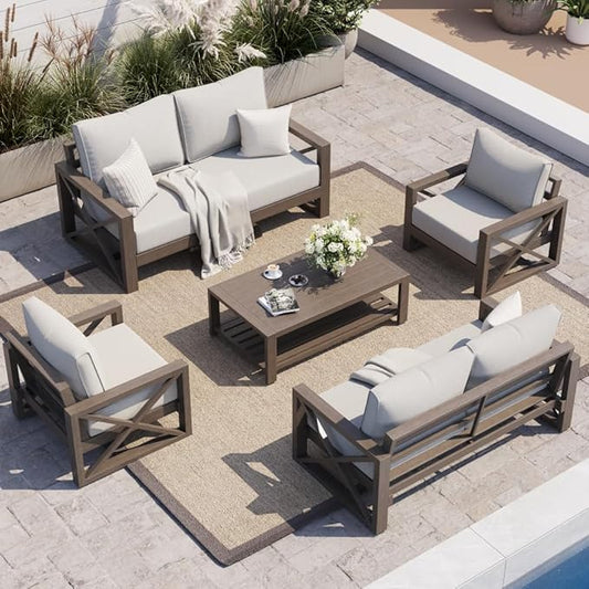 UDPATIO Aluminum Patio Furniture Set, Faux Wood Grain Modern Outdoor Furniture, 6" Cushions Metal Patio Conversation Sofa with Coffee Table for Poolside Deck, 7 PCS, Beige(Include 600D Covers)
