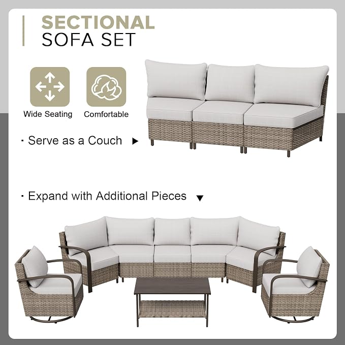 COOS BAY Aurora Terrace 6 Piece Outdoor Sectional Furniture Set, Half Moon Rattan Wicker Conversation Set with Patio Chairs, 5 Seat Sofa & Coffee Table for Patio Garden Yard, Beige/Beige
