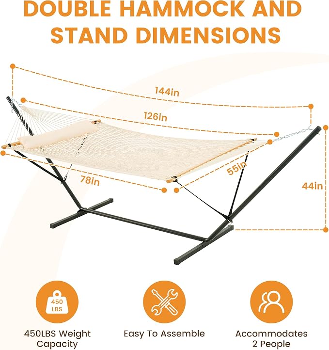 Lazy Daze Hammocks 2 Person Portable Hammock with 12FT Stand, Double Traditional Hand Woven Cotton Rope Hammock and Pillow for Outside, 450lbs Weight Capacity for Patio Backyard