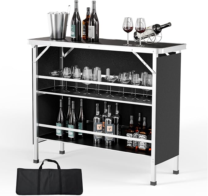 VINGLI 43" Portable Bar Table, 3-Tier Shelves, Carry Bag，Mobile Bar Table for Events, Party, Camping, Picnic, Tradeshow, Outdoor & Indoor with Black Skirt(2, 43") (2) (Black-1P, 43")