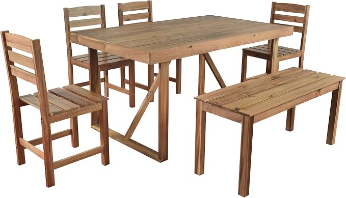 RuiSiSi Outdoor Dining Sets for 6, Acacia Wood Patio Table and Chairs Set with Bench and 4 Chairs for Balcony, Backyard, Garden, Poolside, Natural