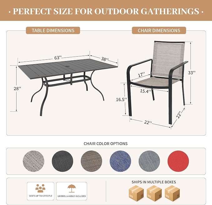 Anmutig 7-Piece Outdoor Dining Set, Powder Coated Steel Table with 6 Stackable Chairs and Rectangular Table, Grey Fabric