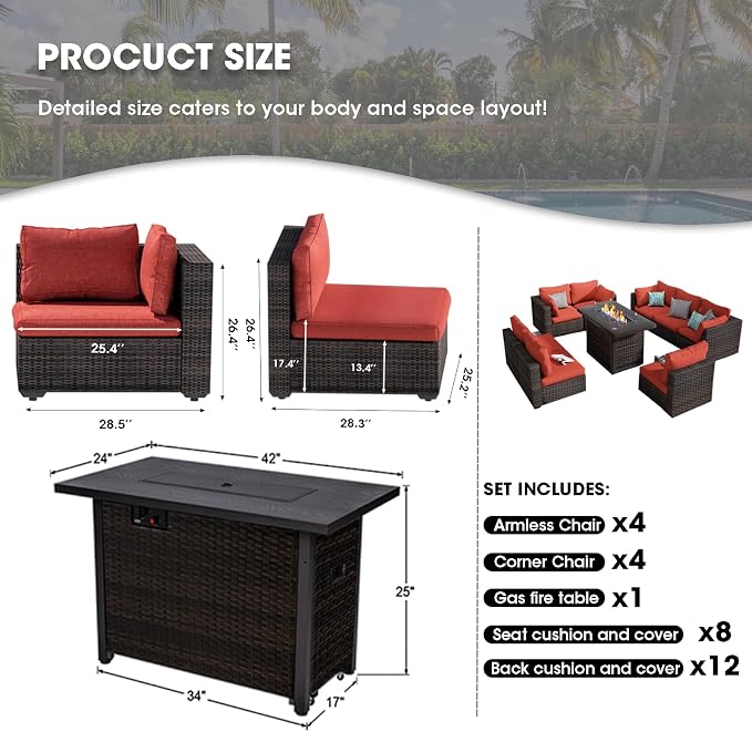 Grezone 9 Piece Patio Furniture Set with 44" Fire Pit Table, Outdoor Sectional Couch, PE Rattan Patio Conversation Sets with 4inch Cushions for Backyard Red