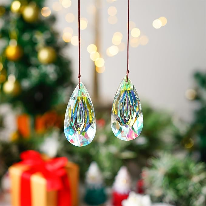 2pcs 89mm Hanging Crystal Prisms Suncatchers, Sun Catcher Indoor Window | Rainbow Maker Crystals for Home Garden Decor,Glass Ornaments For Christmas Tree,Colorful,Large Beads For Suncatcher
