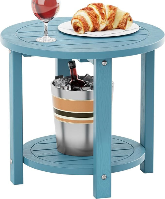 YEFU Outdoor Side Table for Patio: 16in HIPS Small Round Outdoor End Table - 2-Tier Adirondack Tables for Patio Porch Yard Poolside Living Room Beach Bedroom (Blue, 1 Pack)