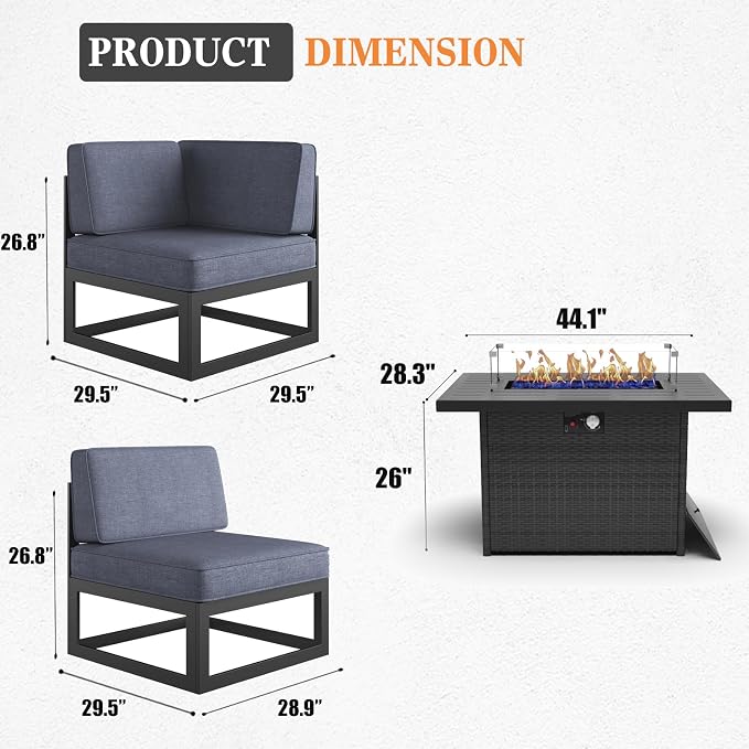 6 Pieces Aluminum Patio Furniture Set with Propane Gas 44" Fire Pit Table, Metal Outdoor Conversation Sofa Set with Seating Cushions