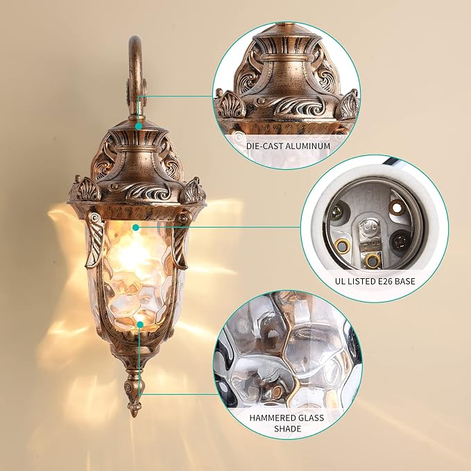 16.93” Outdoor Wall Light Fixture Bronze Exterior Wall Lantern | Outside Waterproof Sconce Rustic Porch Light Wall Mount with Hammered Glass Shade for House