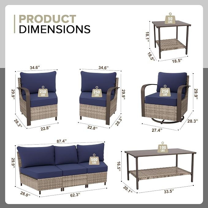 COOS BAY Aurora Terrace 7 Piece Outdoor Sectional Furniture Set, Half Moon Rattan Wicker Conversation Set with Swivel Chairs, 5 Seat Sofa, Coffee & Side Table for Patio Garden Yard, Beige/Blue