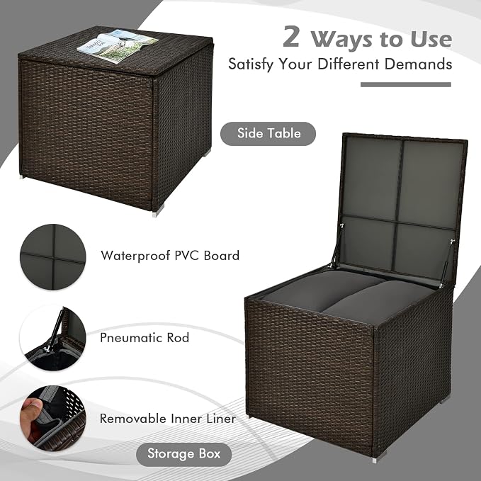 Tangkula 4-Piece Patio PE Wicker Furniture Set, Patiojoy Outdoor Sectional Sofa Set with Storage Box and Tempered Glass Tabletop, All-Weather PE Rattan Conversation Set with Removable Cushions (Grey)
