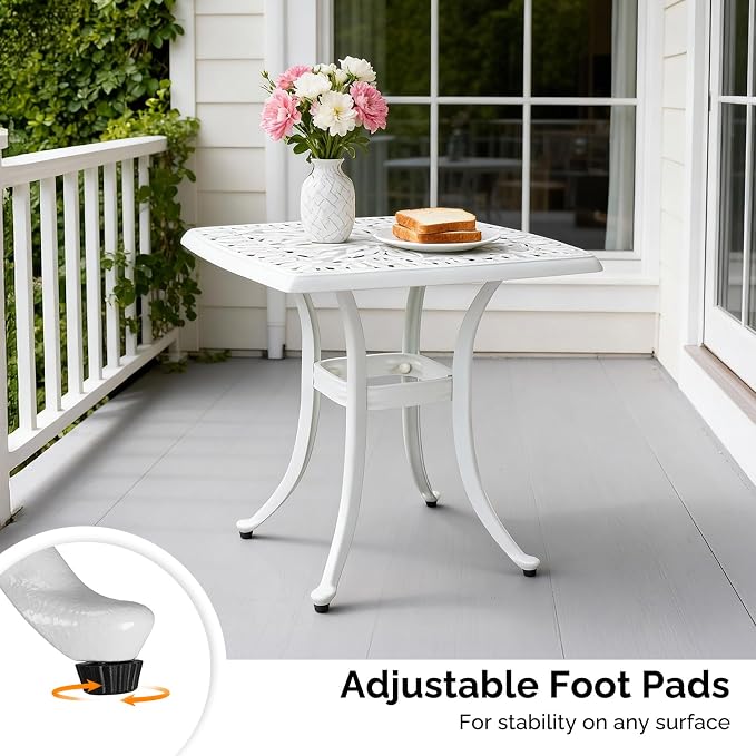 VINGLI 21” Cast Aluminum Outdoor Side Table with 1.6” Umbrella Hole, All Weather Square Patio Coffee Table Bistro Table End Table for Yard Porch Poolside(White)…