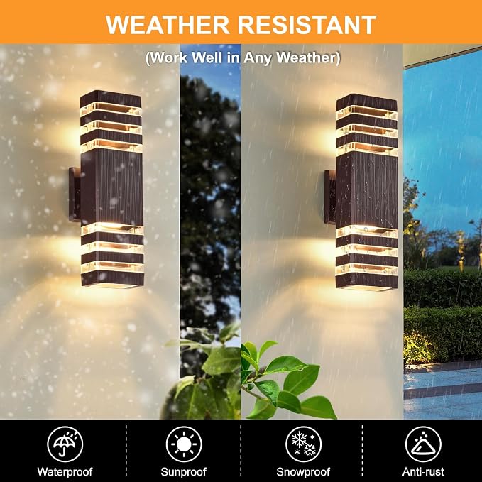 DASTOR Up and Down Outdoor Wall Lights, 3-Layer Brown Modern Outdoor Lights for House, Waterproof Exterior Light Fixture Wall Mount Outdoor Lighting for Porch Garage, 2 Pack
