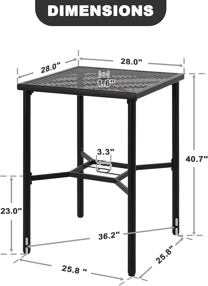 NUU GARDEN 28" Square Outdoor Bar Table with Umbrella Hole, Metal Patio Bistro Table for Garden, Lawn, Poolside – Black with Gold Speckles