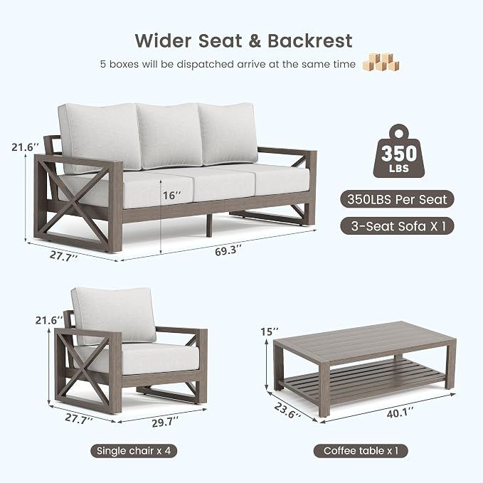 UDPATIO Aluminum Patio Furniture Set, Faux Wood Grain Modern Outdoor Furniture, 6" Cushions Metal Patio Conversation Sofa with Coffee Table for Poolside Deck, 8 PCS, Beige(Include 600D Covers)