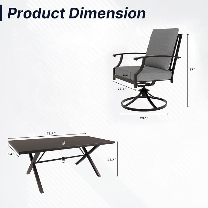 7 PCS Outdoor Patio Dining Set,Patio Table and Chairs Metal Outdoor Patio Furniture Set with Umbrella Hole,Dining Table Set with 6 Swivel Chairs for Deck,Backyard and Garden,Grey