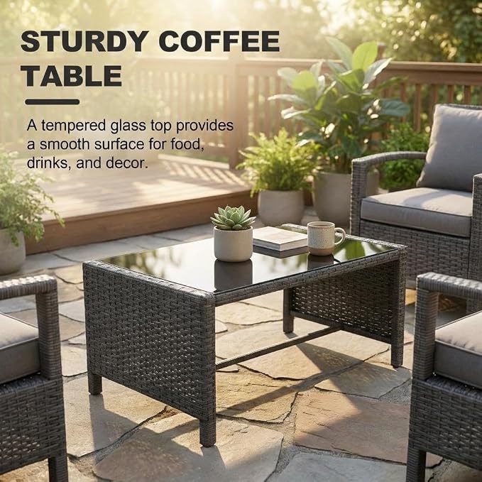 4PCS Outdoor Patio Bistro Set, PE Rattan Wicker Armchairs, Black/Beige