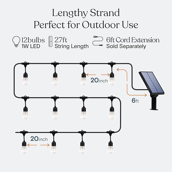 Brightech Ambience Pro 27 Ft Solar Powered Outdoor String Lights - Commercial Grade Waterproof Patio Lights with Edison Bulbs, Shatterproof LED String Lights for Patio - 1W, Warm White, 12 Bulbs