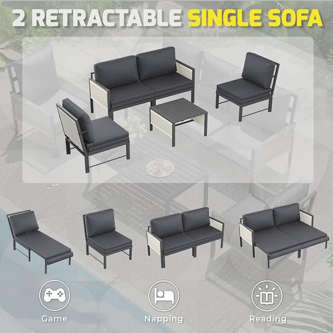 U-MAX Aluminum Patio Furniture Set 4 Seats Outdoor Sectional Couch with Coffee Central Table Patio Conversation Sets for Porch Deck (Dark Grey, with Retractable Sofa Couch and Single Sofa)