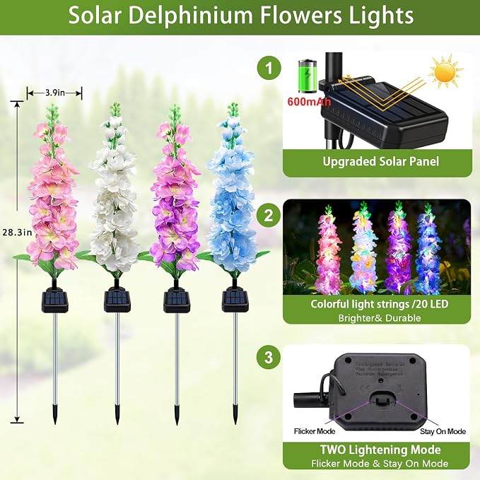 MRHEPHAESTUS Solar Garden Lights, Solar Delphinium Flowers Lights 4 Pack 80 LEDs, Waterproof Outdoor Light Two Lighting Modes for Outside Wedding Party Garden Yard Patio Lawn Decor