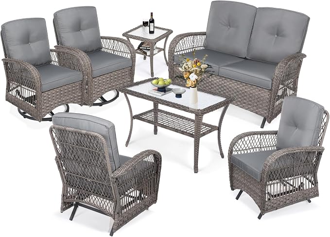 MEETWARM 7 Pieces Outdoor Patio Rattan Furniture Sets, All Weather Patio Wicker Conversation Set- 2 Rocking Glider, 2 Swivel Chairs, 1 Loveseat Glider w/Cushions, 2 Glass-Top Coffee Table, Gray