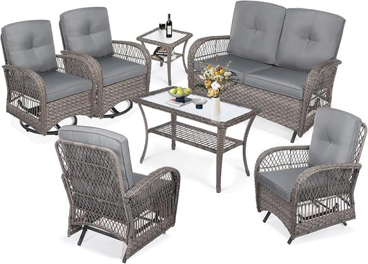 MEETWARM 7 Pieces Outdoor Patio Rattan Furniture Sets, All Weather Patio Wicker Conversation Set- 2 Rocking Glider, 2 Swivel Chairs, 1 Loveseat Glider w/Cushions, 2 Glass-Top Coffee Table, Gray