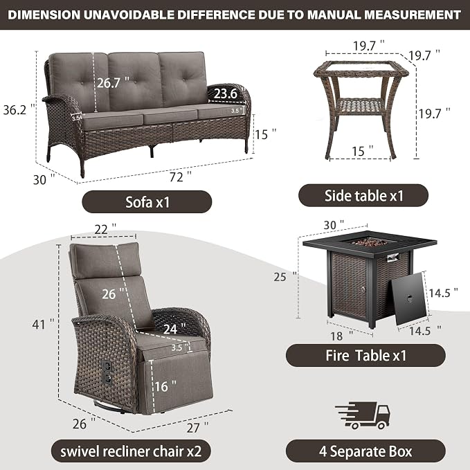 Belord 5 Piece Wicker Patio Furniture Set with 30" Propane Fire Pit Table, Outdoor Swivel Recliner Chairs with Adjustable Backrest & Footrest for Patio Conversation and Backyard Gathering