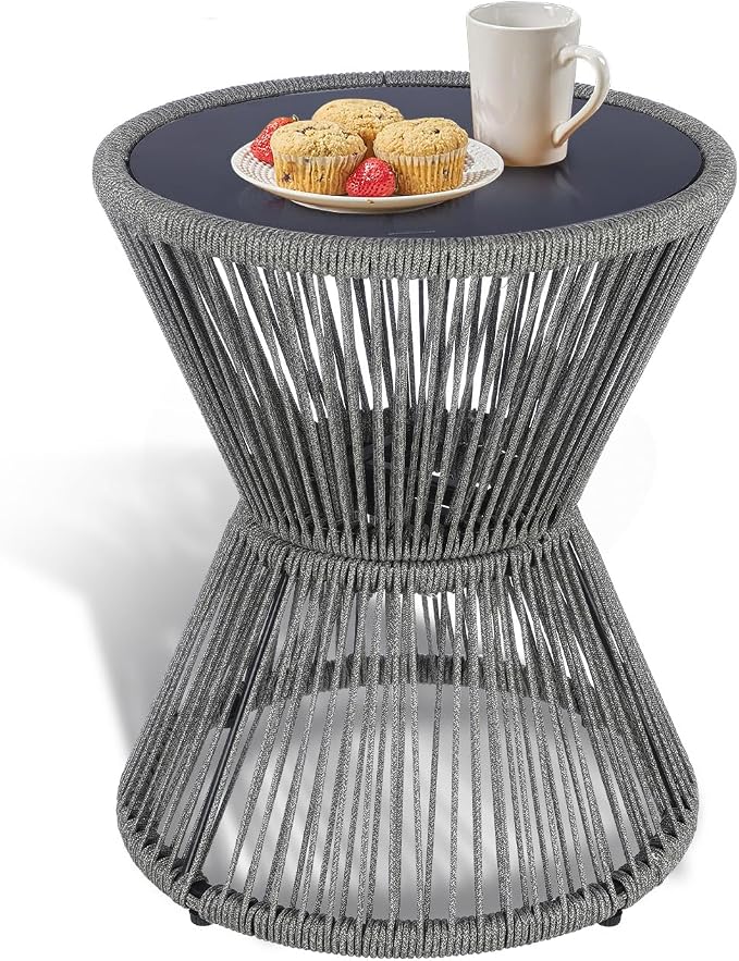 SUNNYPARK Outdoor Side Table 20'' H Small End Tables Woven Rope Weather Resistant with Glass Top Round Coffee Table for Indoor Balcony Patio Poolside (Gray)