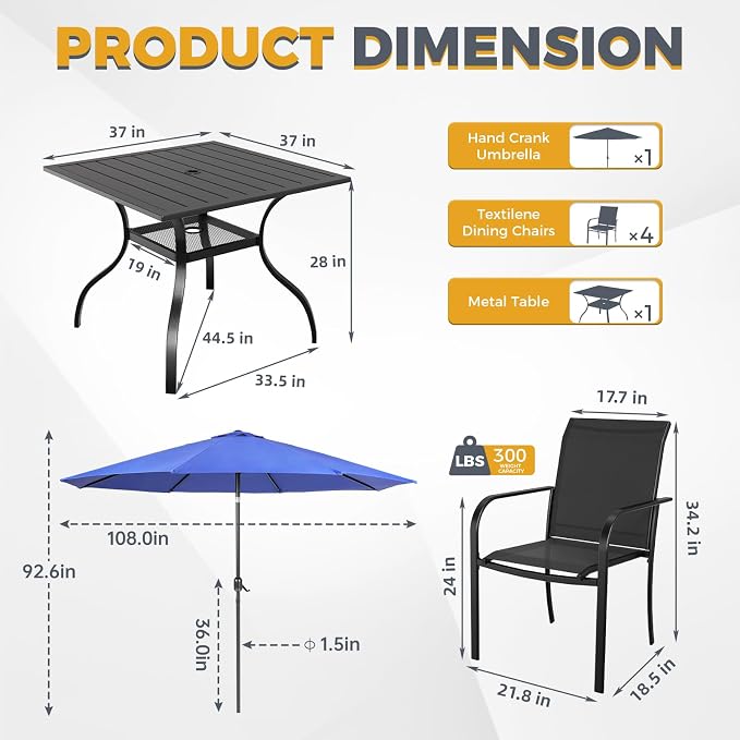 SUNCROWN 6 - Piece Outdoor Dining Set, Patio Furniture Set with 4 Textilene Dinning Chairs, 1 Steel Slat Metal Bistro Table and 1 Dark Blue 9Ft Patio Umbrella for Lawn Garden Backyard Deck, Black