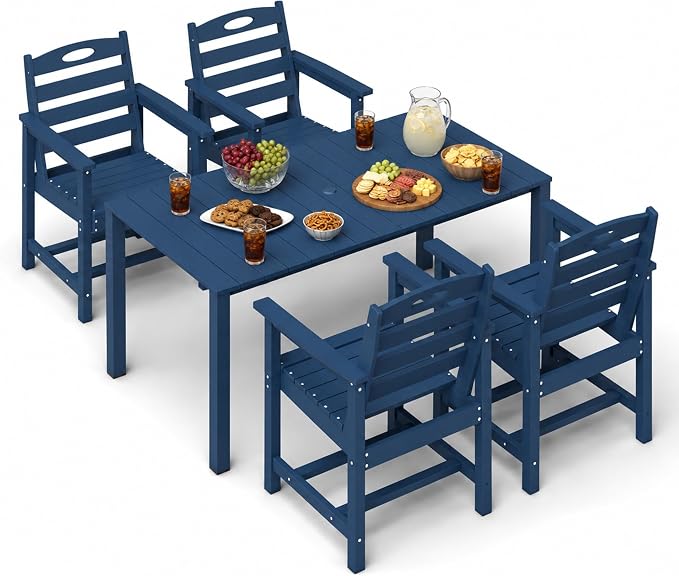 Domi HDPE Outdoor Dining Set, All-Weather 5 Piece Outdoor Dining Table Set with 2" Umbrella Hole, Outdoor Patio Dining Set for Garden, Poolside, Backyard, Deck, Blue