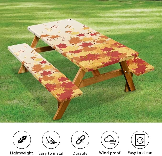 Maple Leaf Picnic Table Cover with Bench Covers Autumn Outdoor Camping Tablecloth Water and Oil Repellent Elastic Waterproof Picnic Table Cover 3 Piece Set for 6 Foot Tables