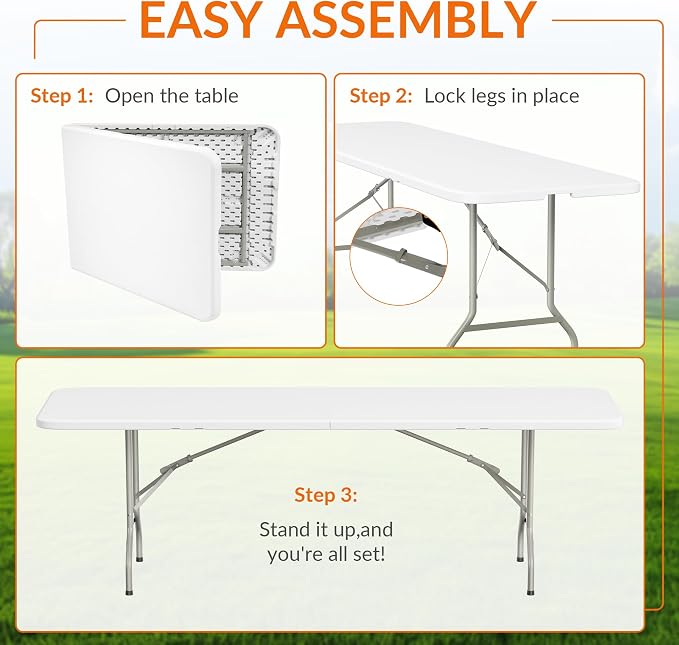 Elevon Folding Table Set with 10 Black Folding Chairs,8 Feet Heavy Duty Fold-in-Half Utility Table Sets for Picnic, Event, Training, Outdoor Activities, at Home and Commercial Use