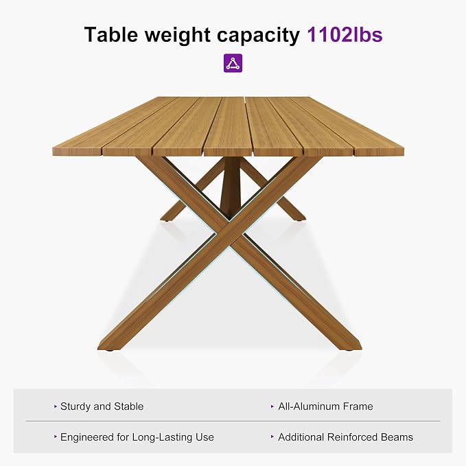 PURPLE LEAF Outdoor Dining Set for 6 All-Weather Aluminum 7 Piece Outdoor Patio Dining Furniture Sets with Woodgrain Table and Rope Weave Chairs Included Cushions for Backyard Patio Set Teak Color