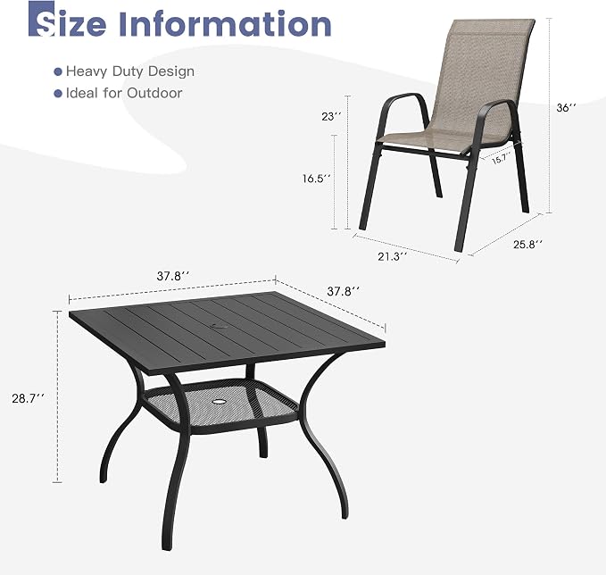 VICLLAX Square Patio Dining Set for 4, Metal Slatted Patio Table with Umbrella Hole and Stackable Patio Chairs for Deck Lawn Garden, Brown Fabric and Black Tabletop