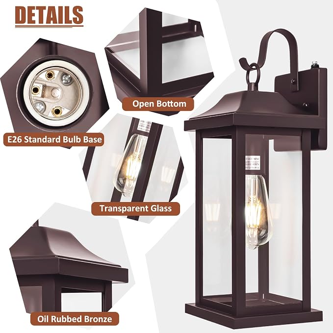 Bronze Dusk to Dawn Outdoor Wall Sconces 2-Pack Large | Exterior Light Fixtures Brown, 17 Inch Outdoor Light Fixtures Oil Rubbed Anti-Rust, Outside Carriage Coach Lamps, ETL List