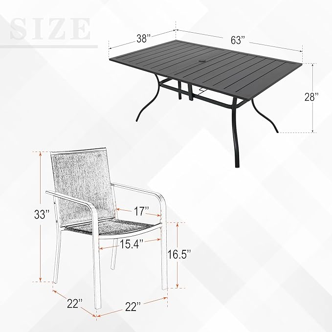 Anmutig 7-Piece Outdoor Dining Set, Patio Powder Coated Steel Table with 6 Stackable Sling Chairs, 63 x 38 Inch Table Beige White Fabric