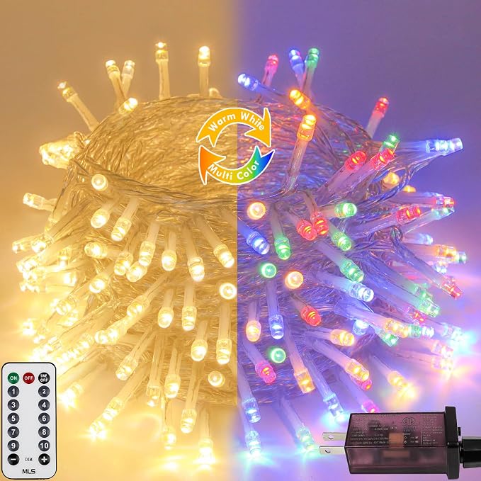 200 LED Connectable String Lights with Remote, Warm White to Multicolor | 11 Modes, Timer, 66FT Clear Wire Waterproof Color Changing Twinkle Fairy Lights Plug in for Bedroom Patio Xmas Tree Decor