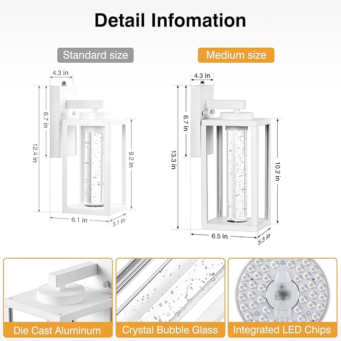 VIANIS White Porch Lights Outdoor, Large Exterior Sconce Lighting for House with Integrated 10W LED Light Source, 100% Aluminum Exterior Light Fixture Wall Mount for Garage with Crystal Bubble Glass