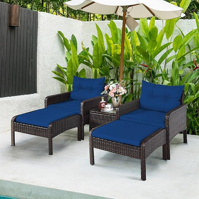 5 PCS Patio Rattan Wicker Furniture Set Sofa Ottoman Coffee Table Cushioned Navy
