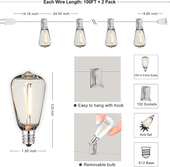 White Outdoor String Lights 200FT Lighting Waterproof for Patio Wedding | 2-Pack x 100FT Linkable White Cord Outdoor Lights,104 Plastic Dimmable LED Edison Bulbs for Party Porch Bistro Garden Gazebo