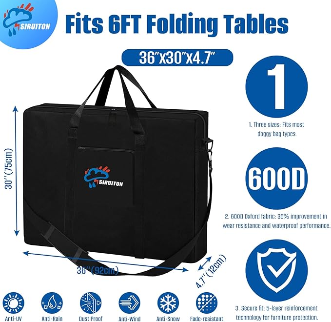 SIRUITON Folding Table Storage Bag, Portable 600D WaterProof Carry Bag for Folding Picnic/Camp Tables with Reinforcing Plate & Shoulder Strap, 36" D x 30" W x4.7 H Fits 6FT Folding Tables（Bag Only）