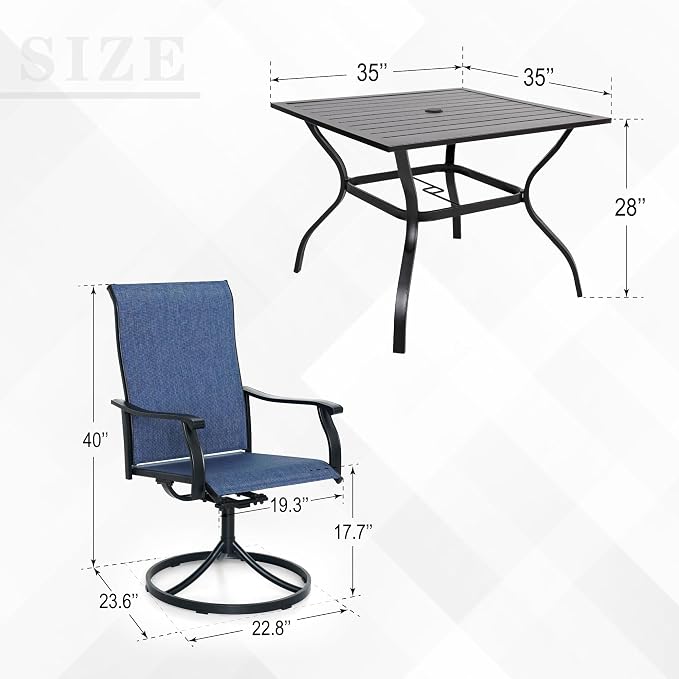 Outdoor Dining Set of 5, 35" Square Table and NavyBlue Swivel Chairs Style1 | High Back, Retro Armrest, Textilene Fabric, All Weather, Rocking, Swivel Chairs, 35'' Square Table, Metal Top and Frame
