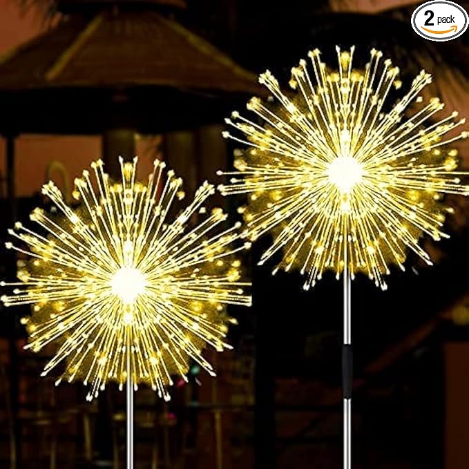 Solar Firework Lights, 2 Pack 135 LEDs 2 Lighting Modes Solar Garden Lights Outdoor Waterproof for Yard Patio Walkway Pathway Party Wedding Christmas Decorative - Warm White
