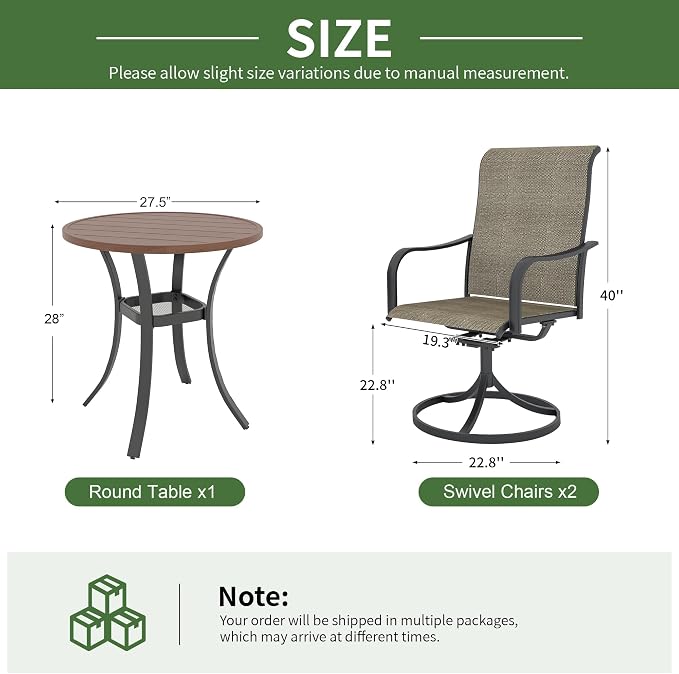 Anmutig 3-Piece Outdoor Patio Dining Set, 27.5" Round Brown Table with 2 Swivel Rocking Patio Chairs Furniture Set for Kitchen Garden, Backyard, Light Tan