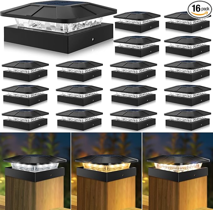 4x4 Solar Post Cap Lights Outdoor with 3 Modes, 16 Packs Fence Light Solar Powered Waterproof for Wood/Vinyl Posts for Deck Yard Garden Patio Outside
