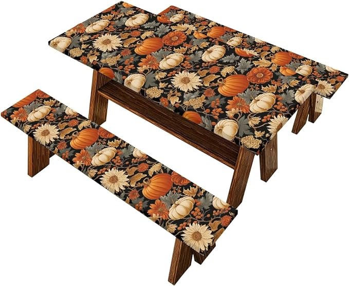 Pumpkin Picnic Table Cover with Bench Covers, Fall Harvest Fitted Table Cover, Outdoor Patio Camping Essentials 3PCS Waterproof Camping Fitted Tablecloth for Thanksgiving