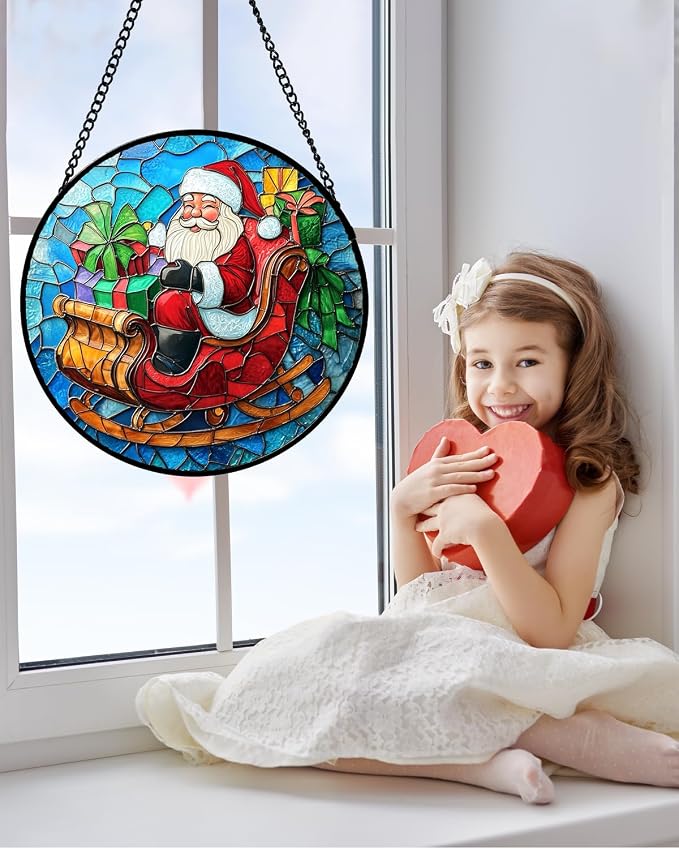 DASTOLL Stained Glass Window Hanging - Red Santa Claus Gift Box Suncatcher for Doors Home Christmas Decoration Winter Sun Catcher Thanksgiving New Year Birthday Gift for Women Men Mom Nana 6.3 in