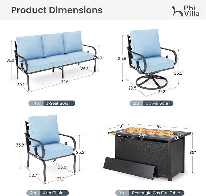 PHI VILLA Patio Furniture Set, 3-Seater Sofa, 2 Fixed Chairs, 2 Swivel Chairs and a 45" Fire Pit Table, Outdoor Metal Conversation Set with 5.75" Extra Thick Cushion for Garden Backyard Deck, Blue