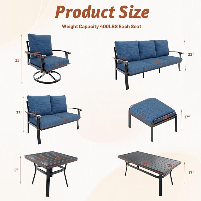 HOMREST Patio Furniture Sets 4 PCS Outdoor Metal Conversation Sets, 360 Degree Swivel Rocking Chairs Patio Conversation Set with Coffee Table and 3-Seat Sofa for Garden, Deck and Poolside