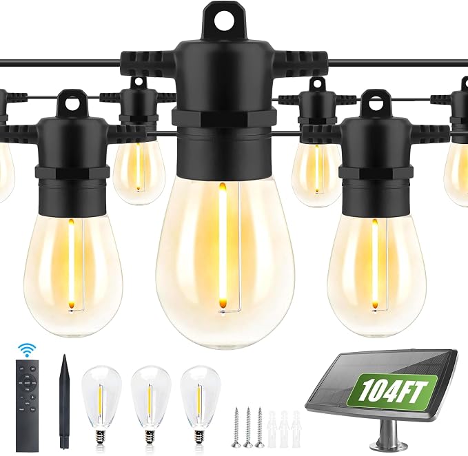 Yusist 104FT(98+6) Solar String Lights Outdoor Waterproof, Solar Powered Patio Light with 30+2 Dimmable S14 Edison Bulbs Shatterproof & Remote Control, Solar String Lights for Outside Garden Backyard