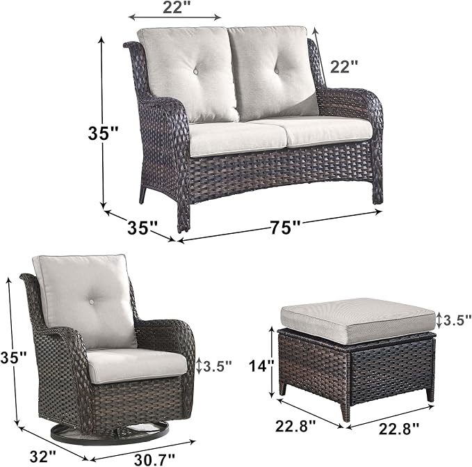 Outdoor Wicker Patio Furniture Set - 5 Piece Rattan Patio Conversation Set with 2 Rocking Swivel Chairs,2 Ottomans and 1 Loveseat for Porch Deck Backyard Garden(Brown/Beige)