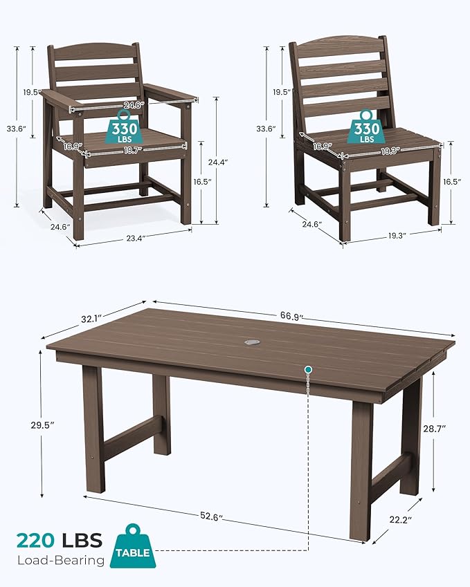 SERWALL 7-Pc HDPE Patio Dining Set, 1 Table & 6 Armless Chairs, Coffee | HDPE Outdoor Dining Set with Rectangular Table & 6 Armless Chairs, All-Weather Resistant SERWALL Dining Set for 6